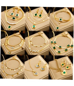 Dainty Stainless Steel 18k Gold Emerald Zircon Heart Eye Layered Pendant Necklace Earrings Bracelet Women Jewelry Set For Gift