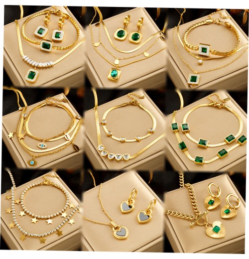 Dainty Stainless Steel 18k Gold Emerald Zircon Heart Eye Layered Pendant Necklace Earrings Bracelet Women Jewelry Set For Gift