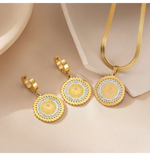 Fashion 18K Gold Plate Stainless Steel Jewelry Set Retro Portrait Crystal Statement Necklace Earrings Bracelet Sets For Women