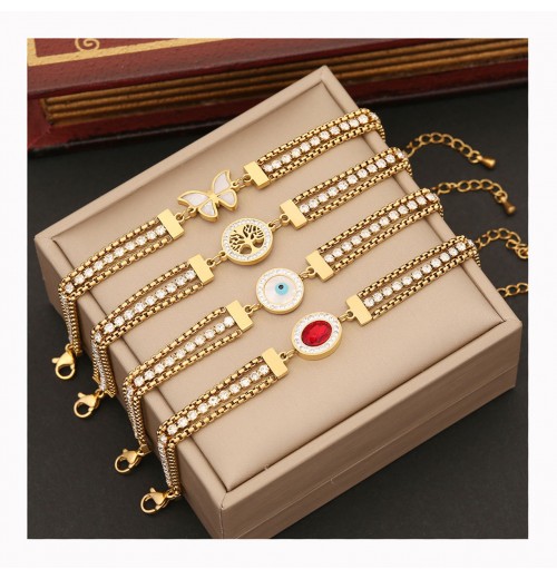 Fashion Stainless Steel Red Zirconia Butterfly Bracelet Vintage Gold Plated Diamond Women's Party Jewelry Accessories