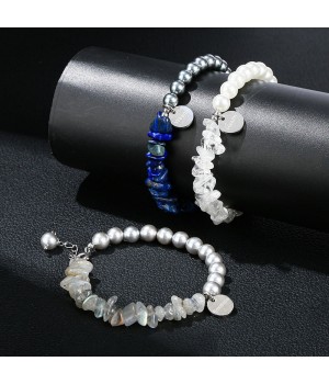 JD GEMS Handmade Men Women Stretchy Beads Bangle Natural Stone Beads Gravel Shell Beads Stainless Steel Bracelet