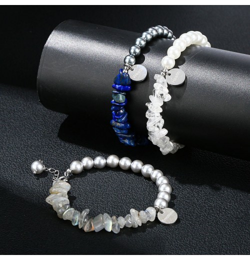 JD GEMS Handmade Men Women Stretchy Beads Bangle Natural Stone Beads Gravel Shell Beads Stainless Steel Bracelet