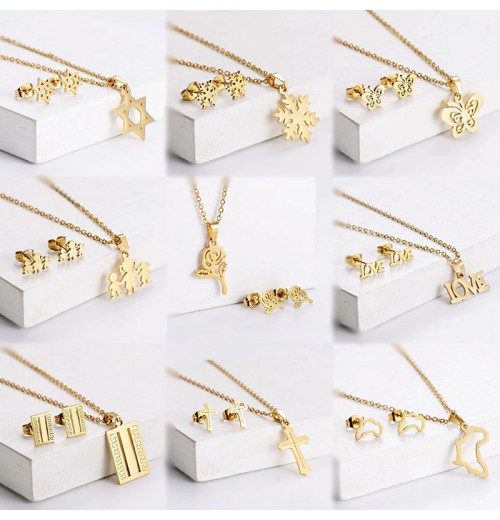 Ins Stainless Steel Heart Simple Necklace Earring Jewelry Set Moon Star Fashion Jewelry Set For Women