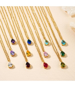 BirthStone Jewelry Gift Gold Plated Stainless Steel Zircon Water Drop Teardrop Pendant Birthstone Necklace For Women