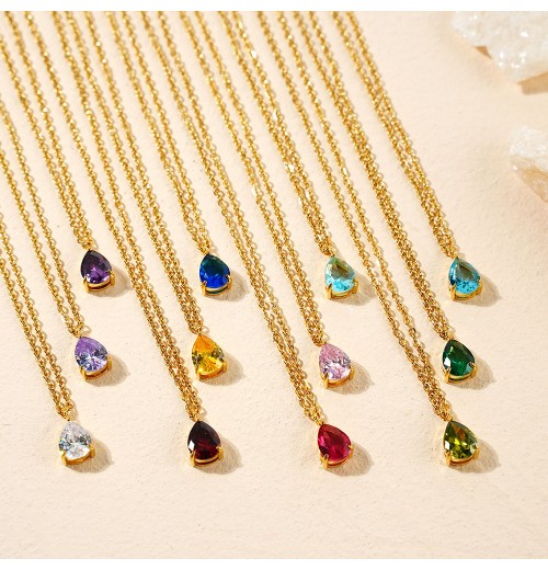 BirthStone Jewelry Gift Gold Plated Stainless Steel Zircon Water Drop Teardrop Pendant Birthstone Necklace For Women