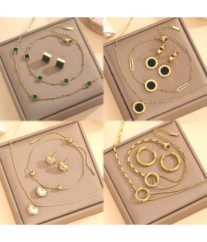 Fashion Stainless Steel 18K Gold Emerald Heart Pendant Necklace Stud Earrings Bracelet Women Vintage 3 Pcs Jewelry Set For Gifts