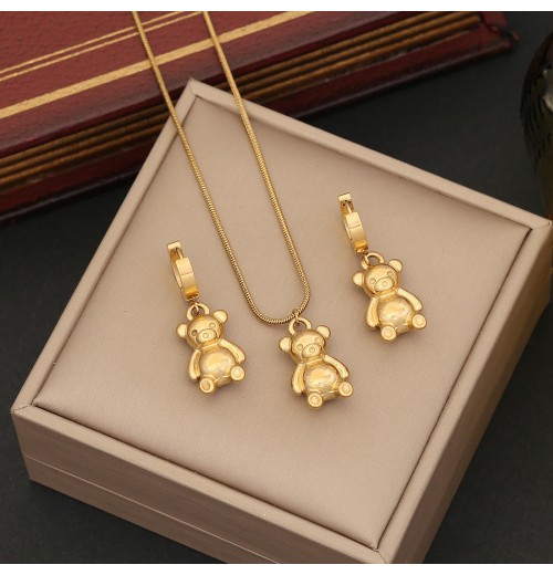 Cute Bear Stainless Steel Jewelry Sets for Women Various Necklace Earring Fashion Bracelet No Tarnish 18 K Gold Jewelry Set