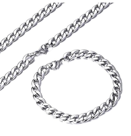 Factory hot sell no fade waterproof silver metal color hip hop stainless steel cuban link chain necklace bracelet jewelry set