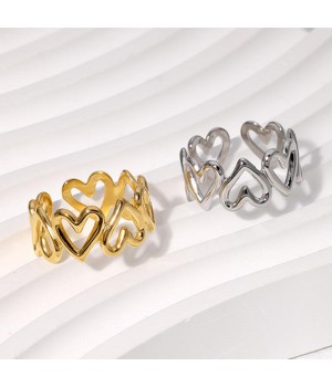 New Adjustable Heart Love Rings Hollow Out Cuff Stainless Steel Waterproof 18 K Gold Plated Ring Jewelry Gifts for Women Girls