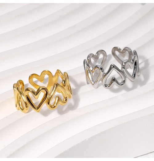 New Adjustable Heart Love Rings Hollow Out Cuff Stainless Steel Waterproof 18 K Gold Plated Ring Jewelry Gifts for Women Girls